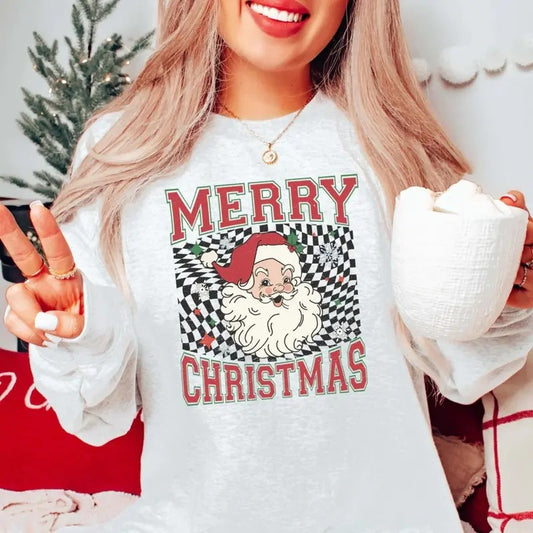 Vintage Merry Christmas Santa Checkered Graphic Tee - Santa Claus - Christmas Vibes - Cute Christmas Gifts