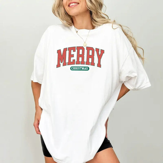 Vintage Merry Christmas Varsity Comfort Colors Shirt, Retro Merry Christmas Unhinged Tees, Christmas Vibes Graphic Oversized Tee, Basic Holiday Tee