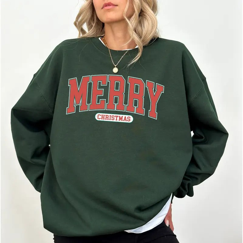 Vintage Merry Christmas Varsity Sweatshirt, Retro Merry Christmas Crewneck, Christmas Vibes Sweater, Holiday Long Sleeves Pullover, Xmas Gifts