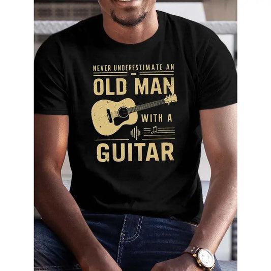 Vintage Music Lovers Graphic Tee - Short Sleeve, Casual, Comfortable, Summer-Perfect T-Shirt for Men - Unique Old Man with Guitar Letters Print Design Made in USA