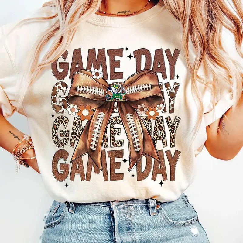 Vintage Notre Dame Football Coquette Bow Game Day Shirt, Gameday Women's Sweatshirt Cotton Fit Top Womenswear Embroidered Flat Hoodie Mum Printed Spandex