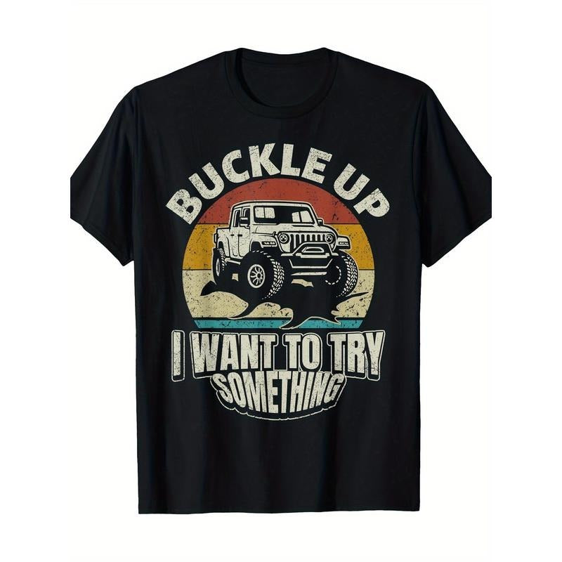 Vintage Off-Road Car Graphic Tee, 100% Cotton Crew Neck T-Shirt with Slight Stretch, Geometric Pattern, Casual Weekend...