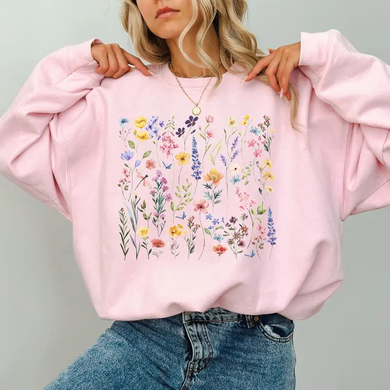 Vintage Pressed Flowers Sweatshirt, Boho Wildflowers Cottagecore Sweater, Aesthetic Botanical Crewneck, Floral Sweatshirt...