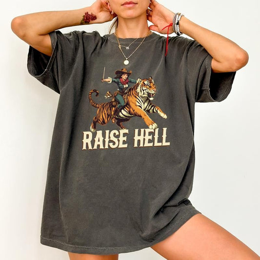 Vintage Raise Hell Comfort Colors Shirt, Retro Feminine Rage T-shirt, Feminist Clothing, Retro Tiger Women Graphic Tee, Wild Spirits Shirt