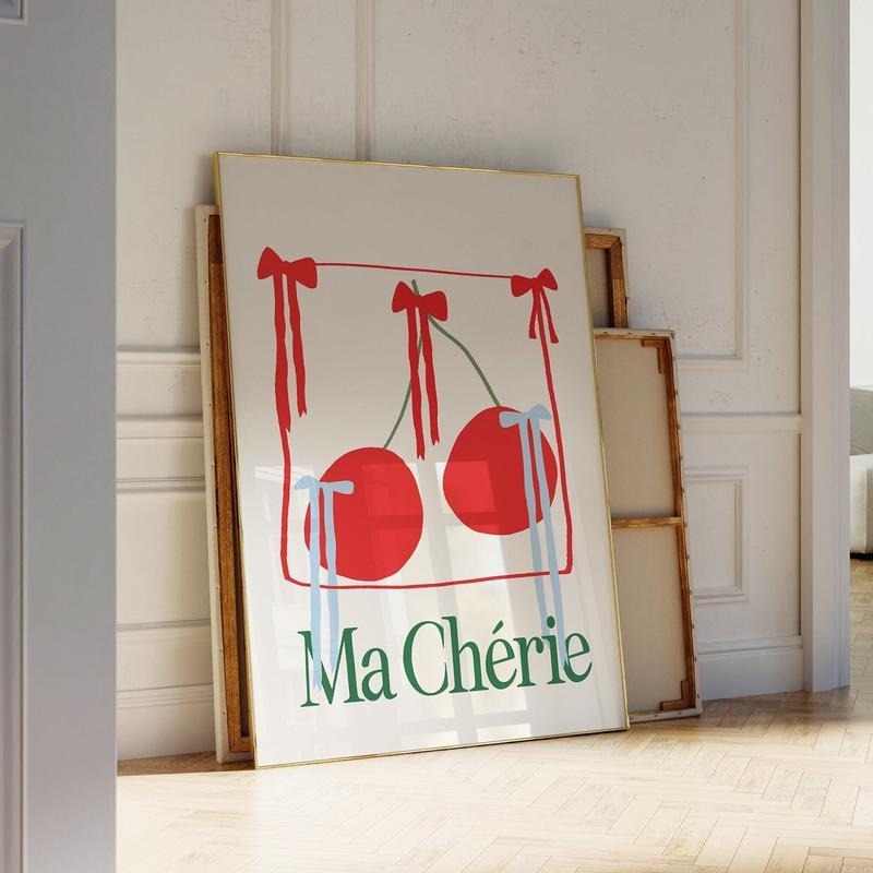 Vintage Red Bow Poster, Ma Cherie Coquette Wall Art, Apartment Decor, Trendy Wall Art, Coquette Room Decor For...