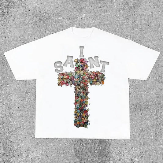 Vintage Saint Cross Graphics Printed Cotton T-Shirt Y2k Graphic Tees vintage  graphic  tees Soft Top