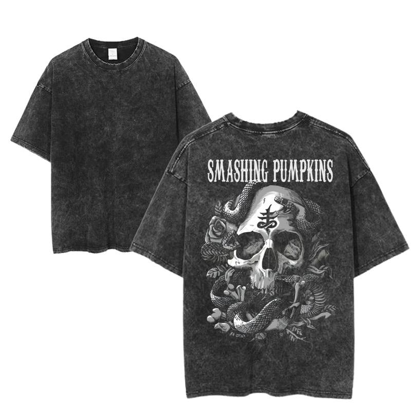 Vintage Smashing Pumpkins Skull & Snake Design Tee, Retro Rock Band Tee, Double-Sided Graphic Design, Casual Streetwear, Unisex Cotton Shirt