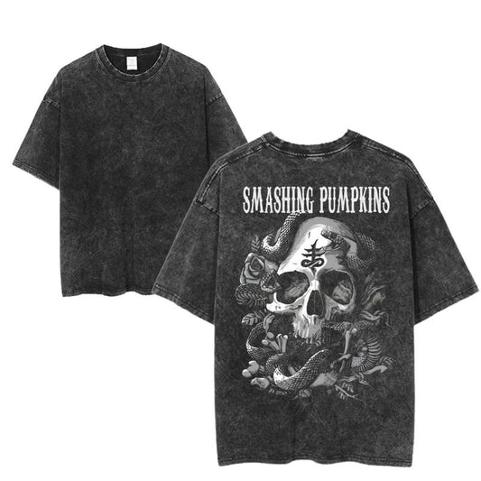 Vintage Smashing Pumpkins Skull & Snake Design Tee, Retro Rock Band Tee, Double-Sided Graphic Design, Casual Streetwear, Unisex Cotton Shirt