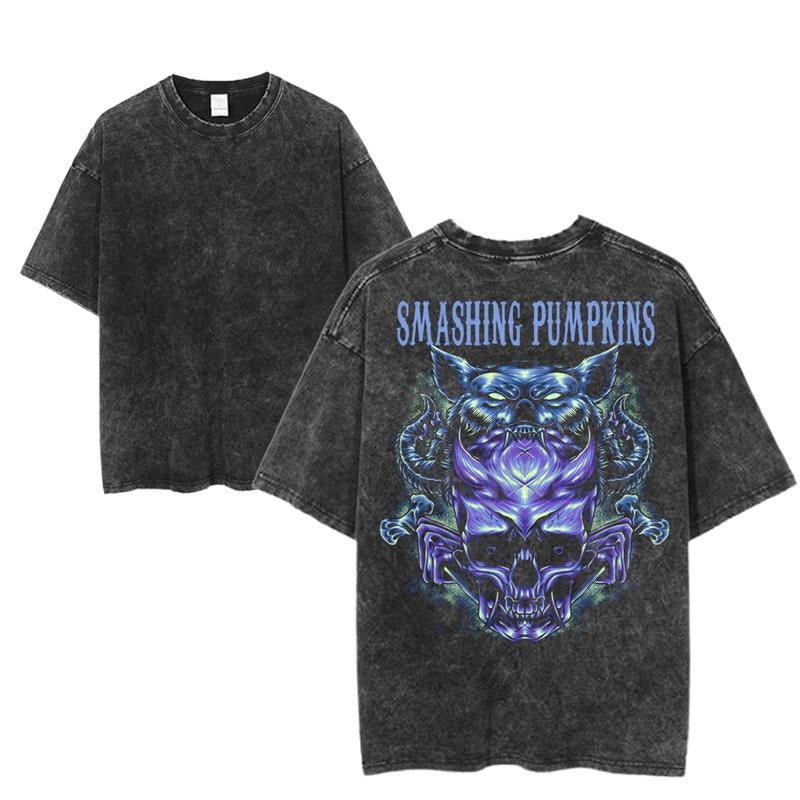 Vintage Smashing Pumpkins Skull Artwork Tee, Retro Rock Band Tee, Double-Sided Graphic Design, Casual Streetwear, Unisex Cotton Shirt