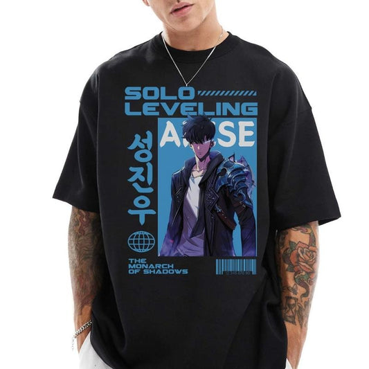 Vintage Solo Leveling Cotton T-shirt, Anime Street Hip-Hop Short Sleeve Pattern Summer Unisex Clothing Menswear Top