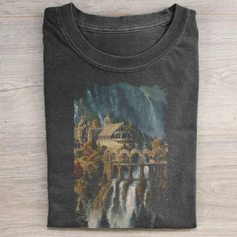 Vintage Sunset at Rivendell Graphic Tee - The Lord of The Rings Movie Shirt - LOTR - JRR Tolkien - Middle Earth - The Hobbits - Men's Top - Menswear Hoodie Wetsuit