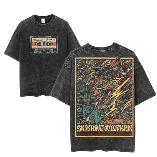 Vintage The Smashing Pumpkins Graphic Tee, Cassette & Wolf Art Design, Retro Rock Band T-Shirt, Unisex Tour Music Shirt, Grunge Streetwear Top