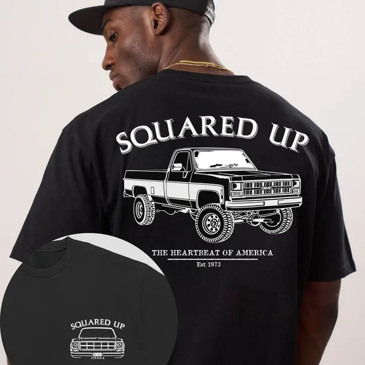 Vintage Vibe 2 Sides Squared Up 1973 GMC Sierra Men's Cotton Tee Old School GMC Tee Gift for Him Truck Shirt Classic GMC Truck Casual Menswear Streetwear Tshirt Tops Biker Trouser Jeans Dress Round Neck Shortsleeve Crewneck men  gifts