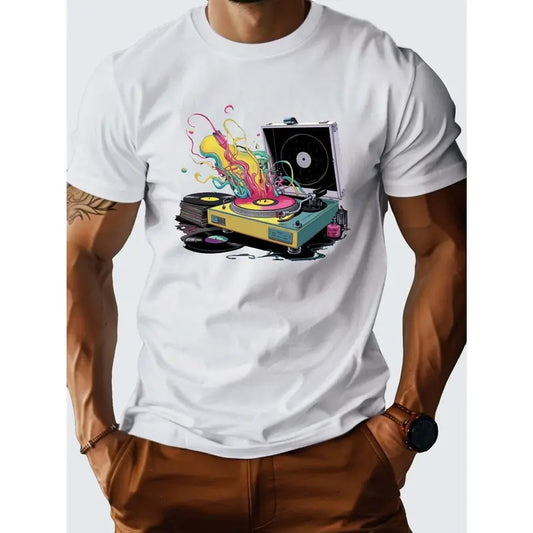 Vintage Vibes Mens Cotton T-Shirt - Retro Futuristic Turntable Graphic, Comfort Fit, Soft Pure Cotton Fabric, Classic Crew Neck, Short Sleeves, Perfect for Music Lovers and Retro Enthusiasts Made in USA