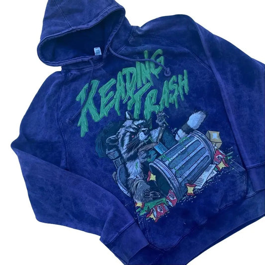 Vintage Washed Hoodie - Reading Trash Raccoon, Book Lover, Gift for Reader, Smut Alt Fashion, Goth, Zombie, Halloween, Scary, Rock, Punk, Metal