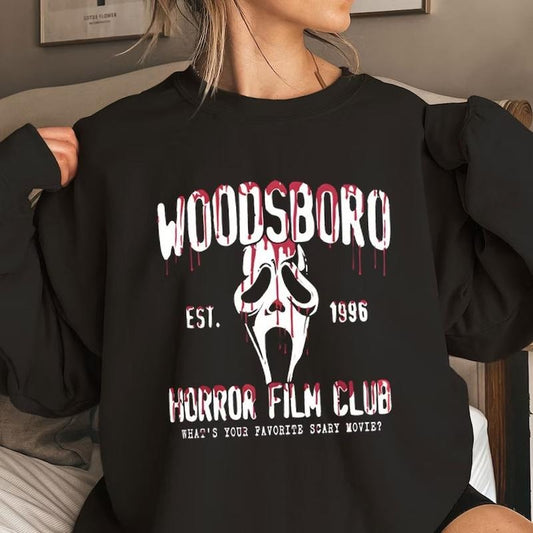 Vintage Woodsboro Horror Film Club TShirt Hoodie Sweatshirt, Spooky Season t-shirt Horror ghost Thriller shirt, Scream Vintage Halloween tee shirt Womenswear Sweaters Tops Underwear