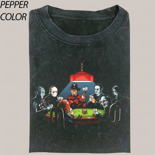 Vintage horror characters movies playing poker CrewNeck T-shirt, scream movie, Funny Poker Graphic Tee Gift For Boyfriend Menswear Top Streetwear