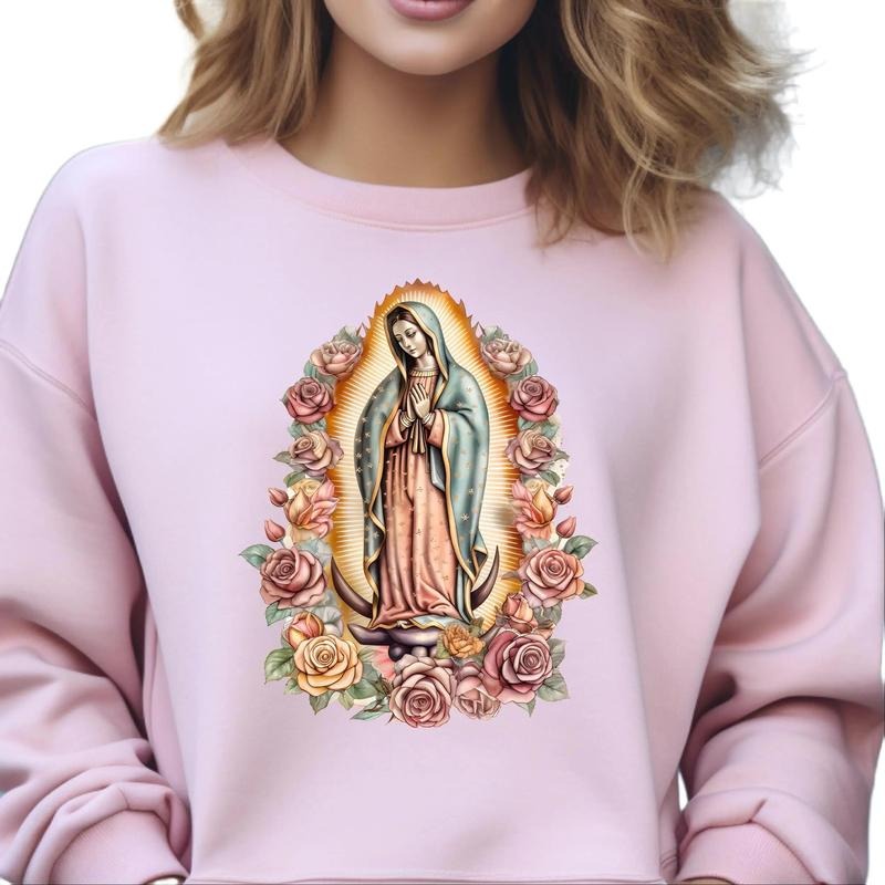 Virgin Mary - Shirt or Sweatshirt, Our Lady of Guadalupe, Pink Sweatshirt Hoodie | DripVista.com