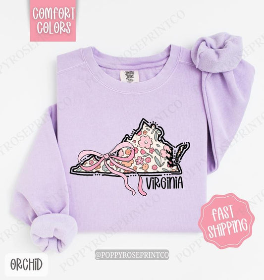 Virginia Floral Bow Comfort Colors Sweatshirt, Cute Trendy State Coquette Pullover