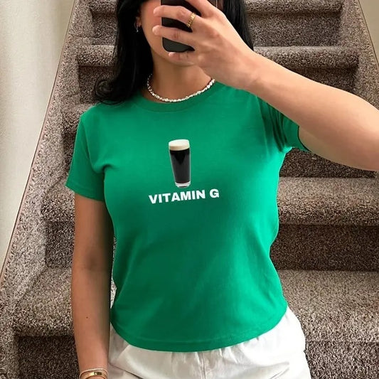 Vitamin G Baby Tee Funny St Patricks Day Shirt Y2K Lucky Shirt Women T Shirt Gifts For Her St Paddys Day Shirt Irish Dark Beer Day Drinking
