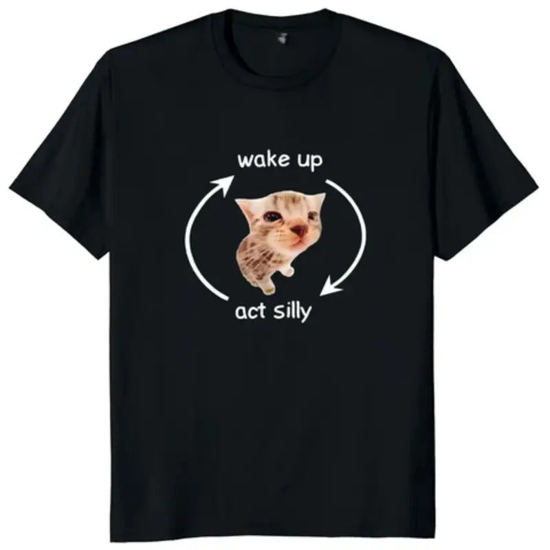 WAKE UP ACT SILLY TEE, WAKE UP ACT SILLY Shirt, WAKE UP ACT SILLY Merch, Cat shirt, Cat cute shirt, Vintage Graphic tee, 2000s vintage tops, gift fot him, gift for her top menswear Underwear Tshirt Streetwear Shortsleeve Tropical T-Shirt