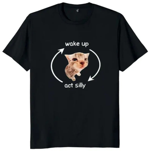WAKE UP ACT SILLY TEE, WAKE UP ACT SILLY Shirt, WAKE UP ACT SILLY Merch, Cat shirt, Cat cute shirt, Vintage Graphic tee, 2000s vintage tops, gift fot him, gift for her top menswear Underwear Tshirt Streetwear Shortsleeve Tropical T-Shirt