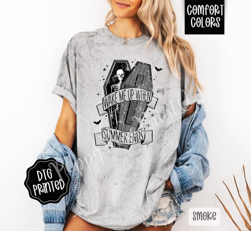 Wake Me Up When Summer Ends Halloween Tee Comfort Colors Color Blast T-Shirt, Women's Graphic Tee Spooky Season Shirt