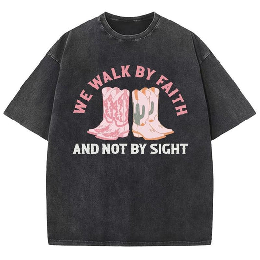 Walk By Faith Unisex Washed T-Shirt, Christian Tshirts, Christian Jesus  t shirts, Vintage 90s Graphic Tee Gift Cotton Top, Mineral color