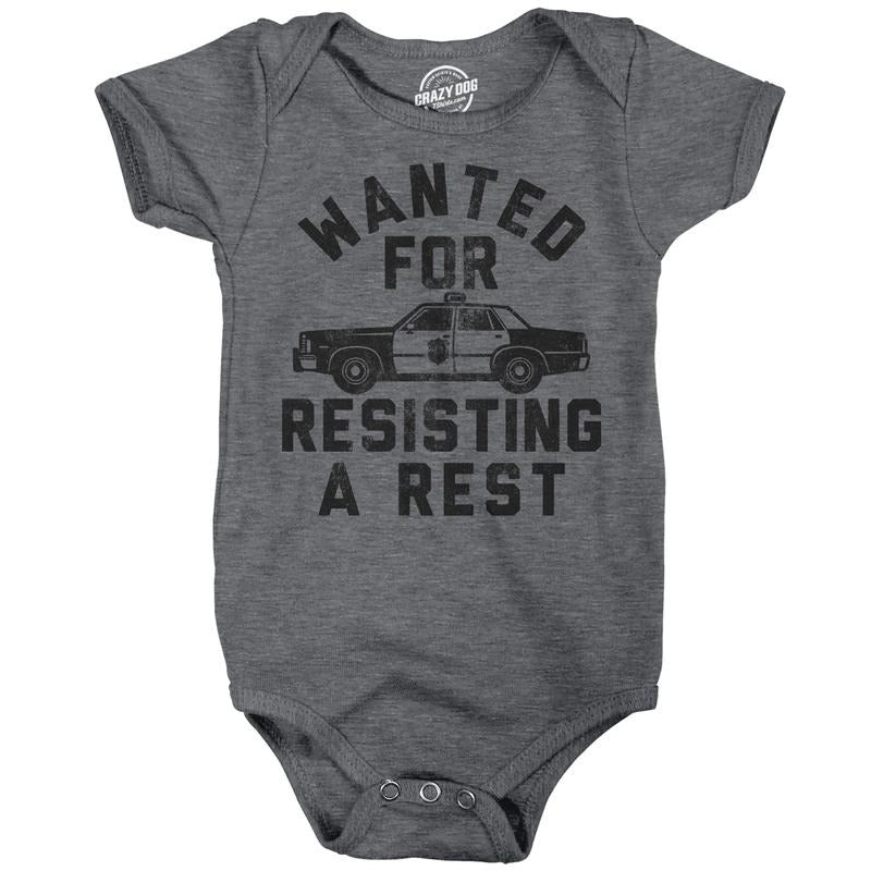 Wanted For Resisting A Rest Baby Bodysuit Funny Sarcastic Graphic Novelty Jumper For Infants Funny Baby Onesies Funny...