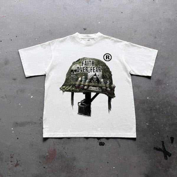 War Helmet Faith Over Fear Graphic Print Cotton T-Shirt, grunge y2k emo scene tapout goth amity affliction style clothes,...