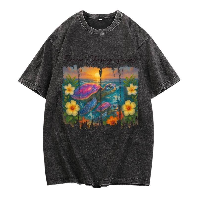 Washed Lightsaber brand - Shirt Featuring "Turtles Chasing Sunsets" Motif: WB shield Trendy Gunpla brand Relaxing Choice...