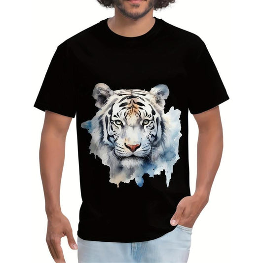 Water Color Style Tiger Pattern Crew Neck And Short Sleeve T-shirt, Chic And Trendy Summer Tops For Men's Outdoors Leisurewear made in usa