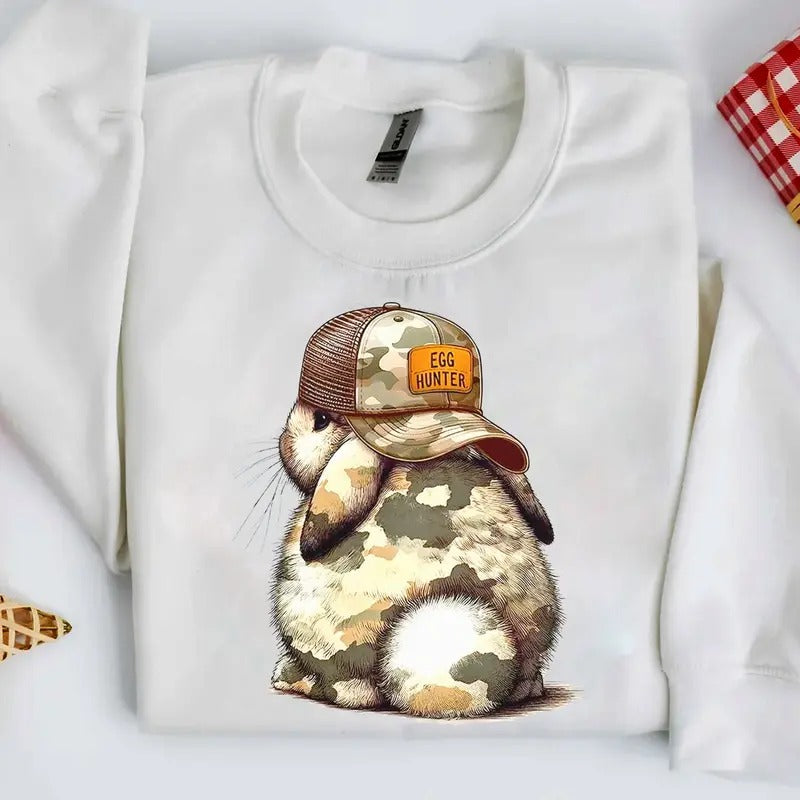 Watercolor Camo Bunny With Hat Crewneck Sweatshirt, Egg Hunter Bunny With Backwards Cap Tee, Camo Easter Bunny Shirt,...