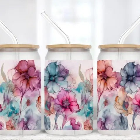 Watercolor Flowers | 16 oz Frosted Glass Tumbler T-Shirts, Hoodie, Sweatshirt | DripVista.com