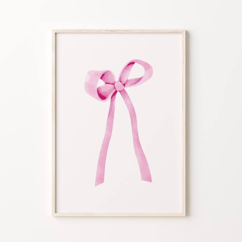 Watercolor Pink Bow Print, Feminine Wall Art, Coastal Aesthetic Decor, Vintage Pink Poster, Girl Aesthetic Home Decor,...