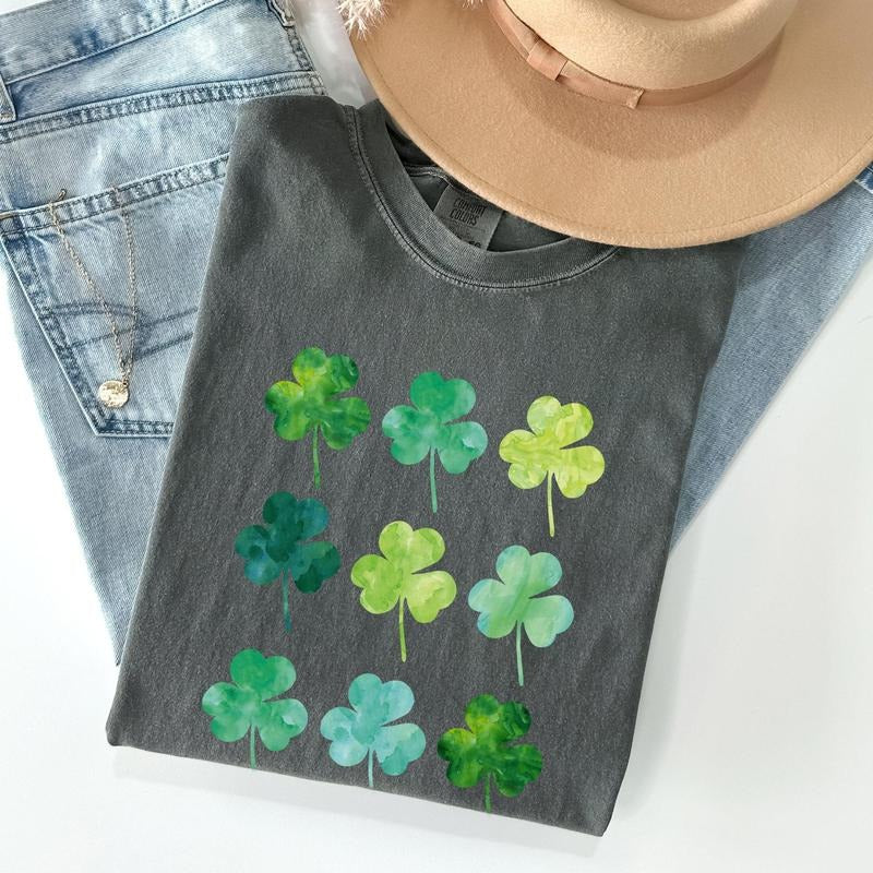 Watercolor Shamrocks In Rows, St Patrick's Day Comfort Colors Tshirt, Women's Crew Neck, Crewneck Hoodie, Sweatshirt