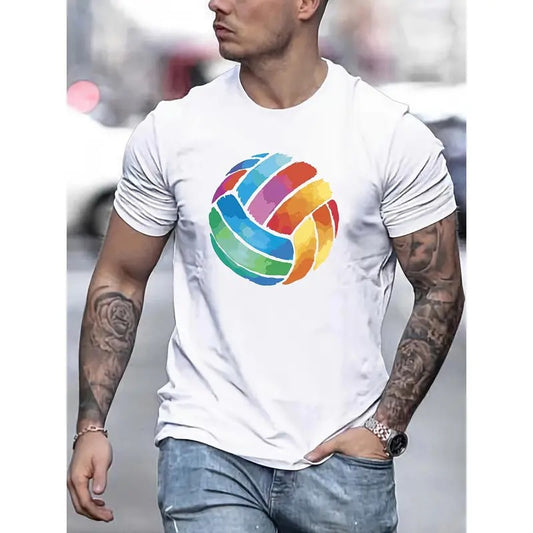 Watercolor Volleyball Illustration Print Men's Cotton T-shirt, Casual Short Sleeve Crew Neck Top, Men's Summer Clothing Made in USA