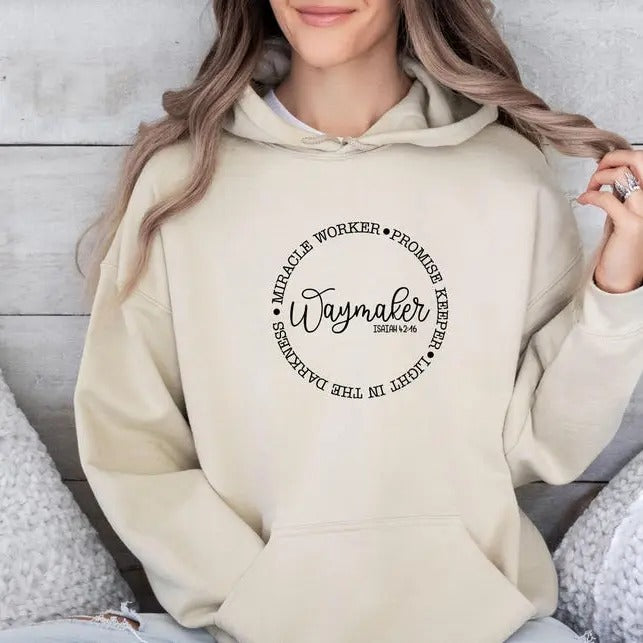 Waymaker Hoodie - Beige Casual Sweater with Print, Hood, and Front Pocket for Women, Ideal for Church and Casual Wear...
