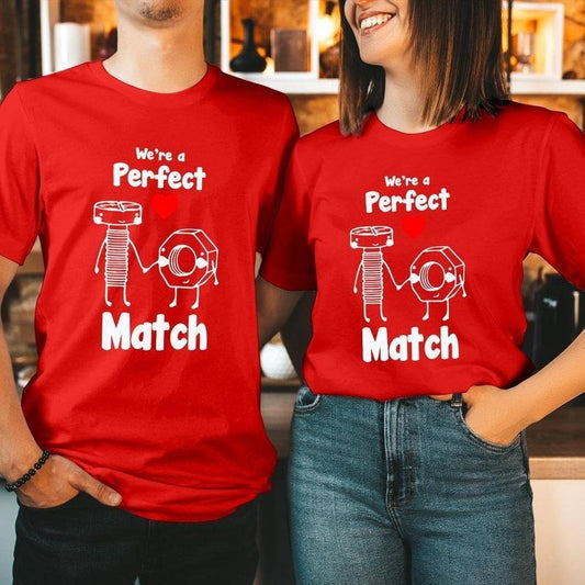 We Are A Perfect Match Valentines Day TShirt Cotton Fabric Casual Streetstyle Crew Neck Short Sleeve T-Shirt Trendy Tops for Women for Men, Date Gifts