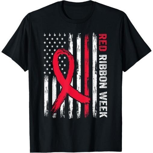We Wear Red For Red Ribbon Week Awareness American Flag T-Shirt Made in USA Hoodie, Sweatshirt | DripVista.com