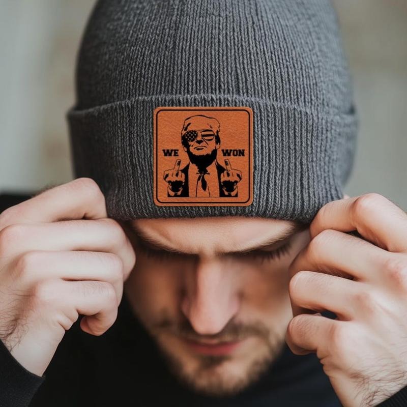 We Won Trump 2024 Beanie With Leather Patch, Middle Fingers Trump Winter Hat, Gift for Trump Supporters, Presidential...