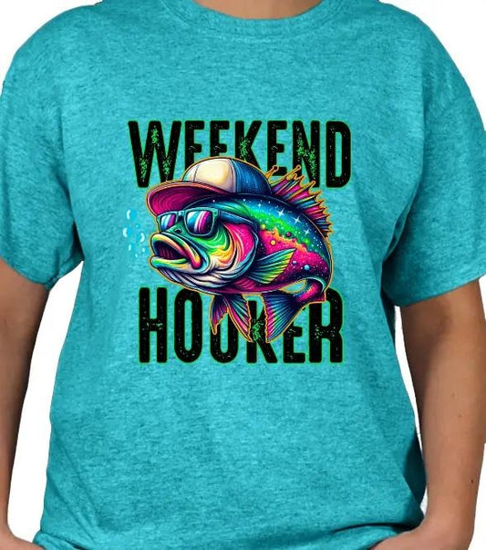Weekend Hooker Fishing T-Shirt - Casual Crewneck with Fish Graphic, Short Sleeve, Available in Various Colors