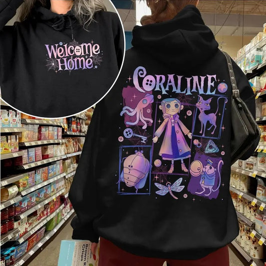 Welcome Home Coraline Spooky Movie Double Side TShirt-Sweatshirt-Hoodie, Funny circus Corr.aa.lineee sweatshirt,  Spooky movie Hoodie, Doll TShirt, Movie Retro Horror Sweatshirt, Halloween Gift Tshirt, Graphic Hoodie