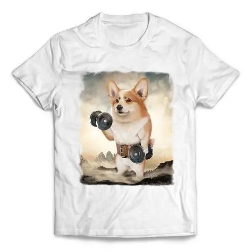 Welsh Corgi Dog Weightlifting with Dumbbell in Mountainous Outdoor - Short-Sleeve Unisex, Men Made in USA