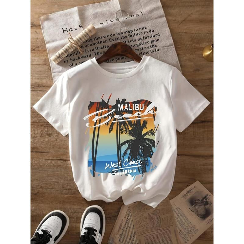 West Coast Landscape Printed T-shirt, Women'WB shield Short Sleeve Top, 100%, Round Neck, Comfortable Gunpla brand FOG,...