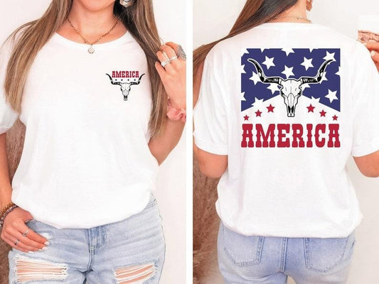 Western America Flag Shirt, Cowgirl Skull Shirt, Wild West Tshirt, Red White and Blue Tee, USA Flag Bull Skull Shirt, 4th of July Shirt