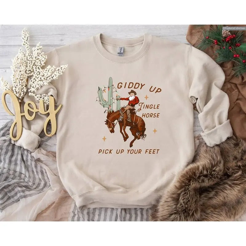 Western Cowboy Christmas Sweater, Hoodie, Tee, Cowgirl Giddy Up Jingle Horse Pick Up Your Feet, Howdy Country Xmas Horse...