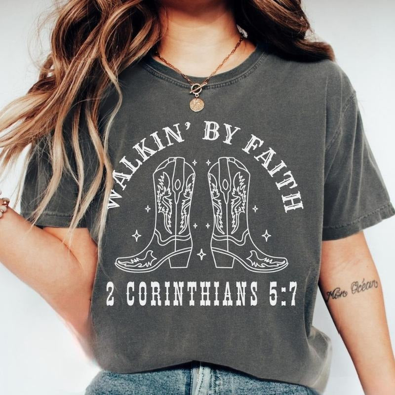 Western Cowgirl Boot Walkin' By Faith Christian Shirt, Christian Walk by Faith, Bible Verse Tee, Religious Country Girl Shirt