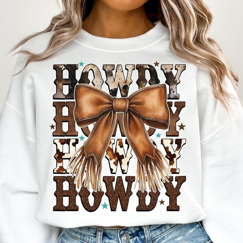 Western Cowgirl Howdy Crewneck Sweater, Brown Leather Bow Tee, Western Mama Shirt, Western Coquette Cowgirl Tee