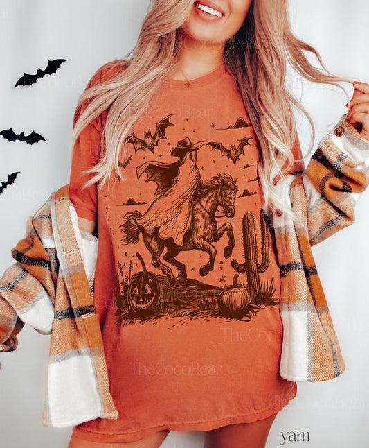 Western Ghost Shirt, Halloween Party Tee Bats Tshirt Spooky Season Sweatshirt, Vintage Halloween Sweater Trendy Cowboy Tee